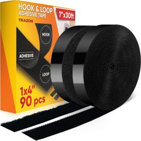 Hook and Loop Tape Roll with Heavy Duty Adhesive Industrial Strength Easy to Cut Strong Hook and Loop Strips with Sticky Back Black 1 Inch x 30 Feet